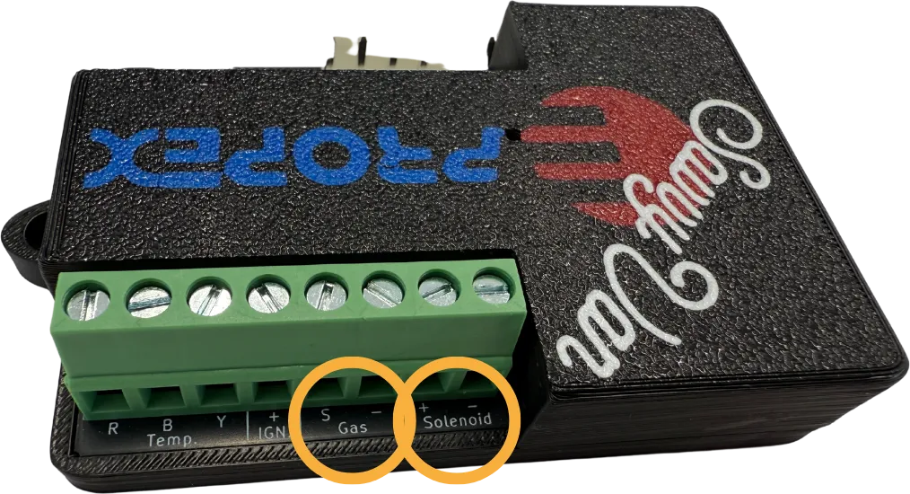 A close-up of the Propex add-on’s screw terminals, with the Gas and Solenoid terminal blocks circled