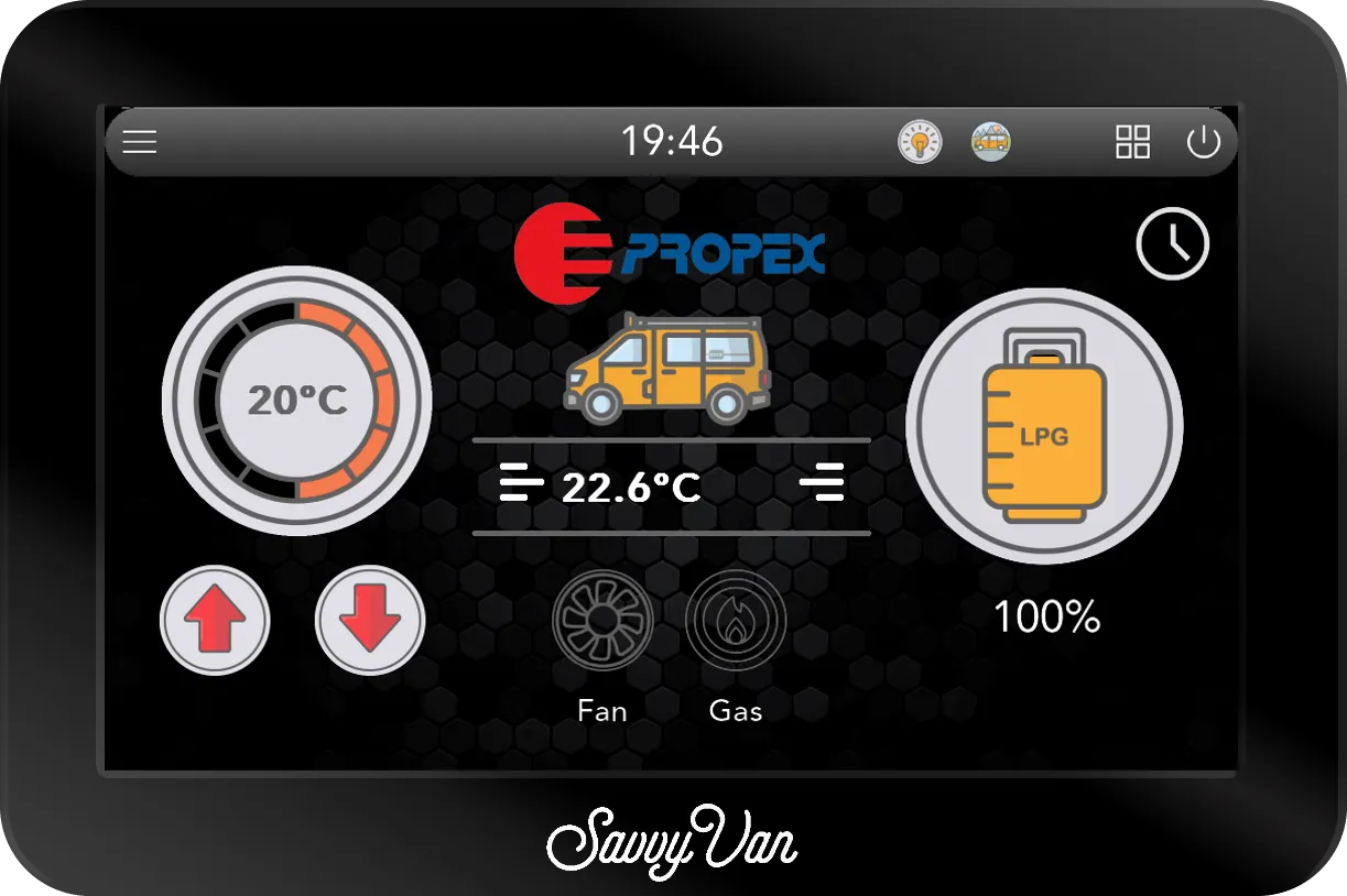 The SavvyVan3 heating page showing the Propex logo, a 20°C target, 22.6°C actual, the LPG tank at 100% and Fan and Gas controls