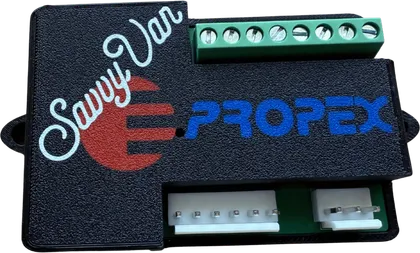 The SavvyPropex interface module - a black box carrying both the SavvyVan and Propex logos, a green screw terminal block along the top and plug connectors along the front