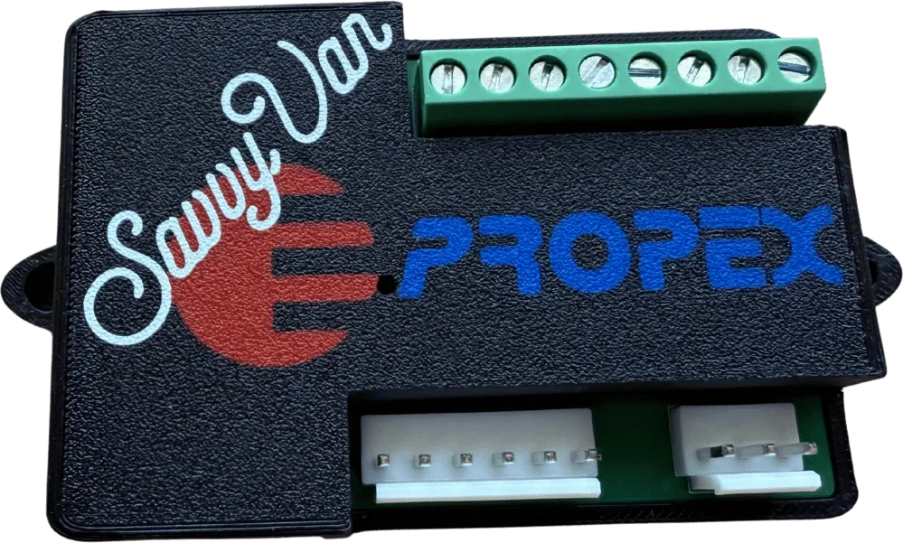 The SavvyPropex interface module - a black box carrying both the SavvyVan and Propex logos, a green screw terminal block along the top and plug connectors along the front