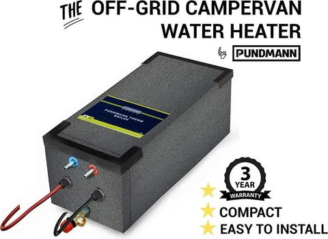 A Pundmann 10 litre campervan water heater - a large insulated stainless cylinder with twin elements and plumbing connections