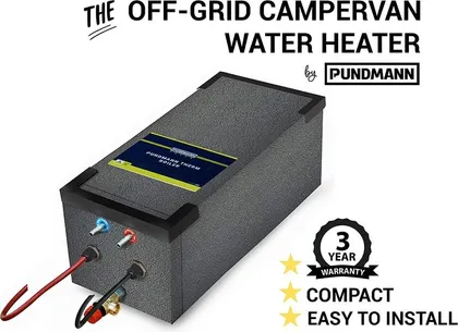 A Pundmann 10 litre campervan water heater - a large insulated stainless cylinder with twin elements and plumbing connections