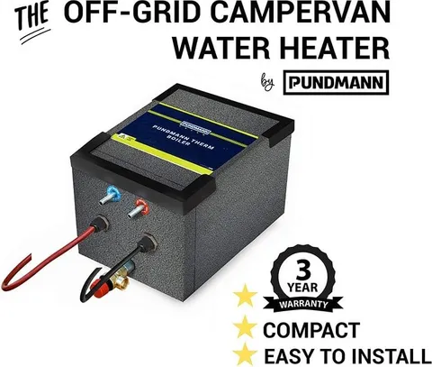 A Pundmann 3 litre campervan water heater - a compact stainless cylinder with insulated casing, inlet and outlet unions and a cable with a three-pin plug