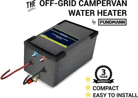 A Pundmann 6 litre campervan water heater - an insulated stainless cylinder with twin heating elements and plumbing unions at one end