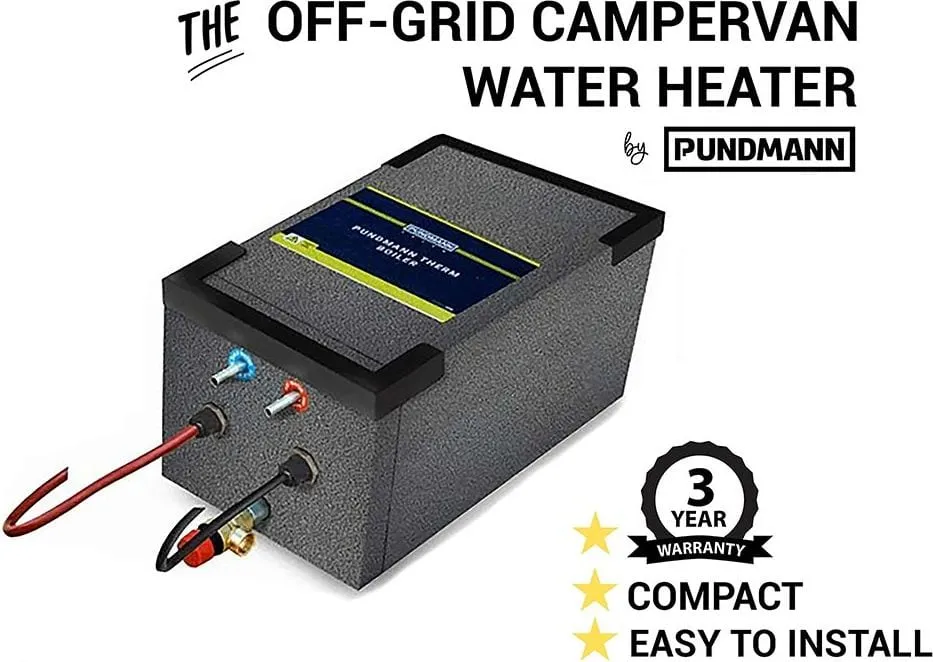 A Pundmann 6 litre campervan water heater - an insulated stainless cylinder with twin heating elements and plumbing unions at one end