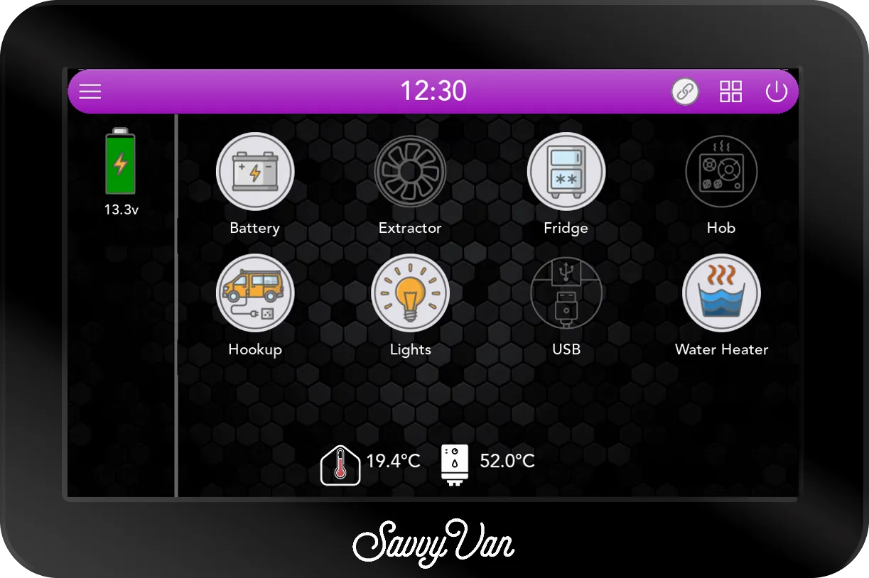 The SavvyVan3 main screen with eight tiles, the last of them a Water Heater tile switched on, and 19.4°C inside beside the water heater's own 52.0°C along the bottom