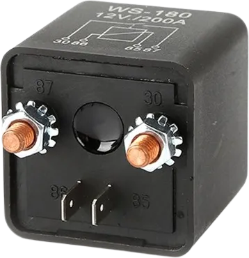 A high-current relay with two large threaded terminals and two smaller spade terminals