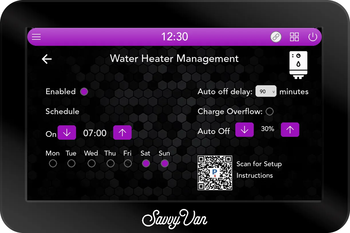 The SavvyVan3 Water Heater Management screen: Enabled ticked, a schedule switching on at 07:00 on Saturday and Sunday, a 90 minute auto off delay, Charge Overflow unticked, Auto Off at 30%, and a QR code to the setup instructions