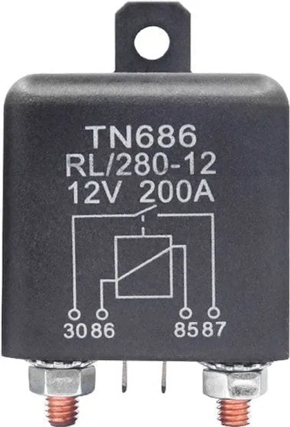 A black 200A high-current automotive relay, roughly a 45mm cube, with heavy threaded terminals on top