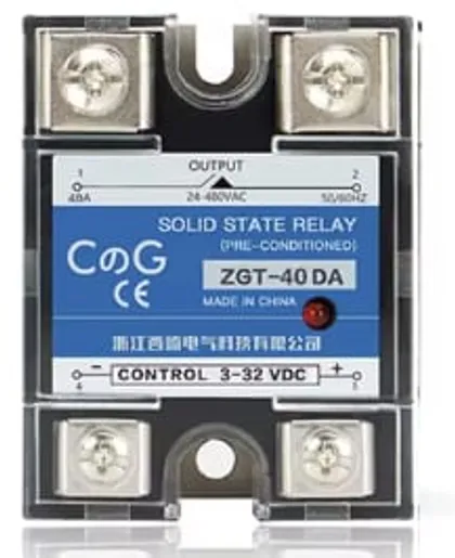 A blue and grey solid state relay in a finned aluminium housing, with screw terminals at each end