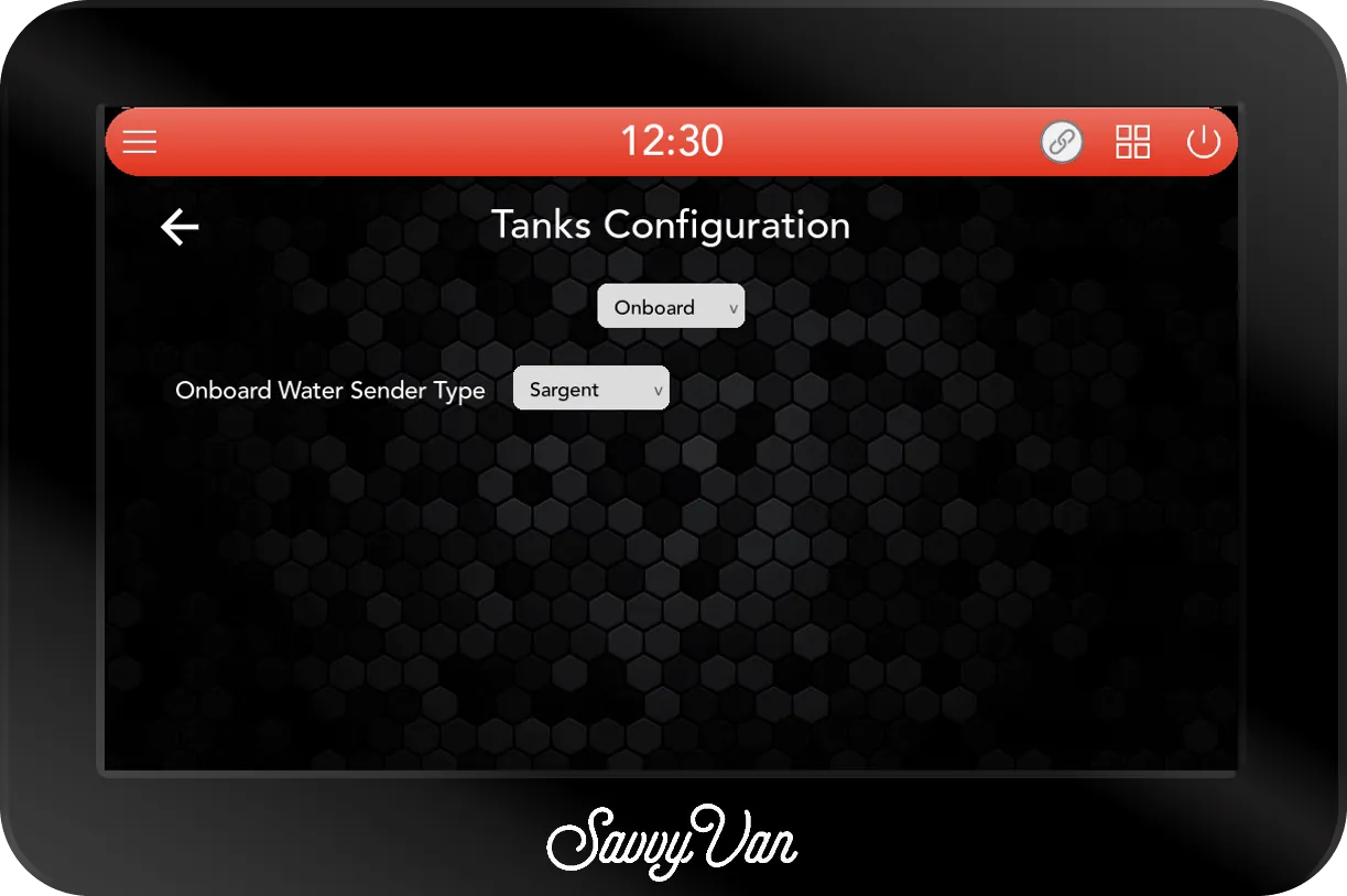 The SavvyVan3 Tanks Configuration screen with the dropdown under the title set to Onboard and Onboard Water Sender Type set to Sargent