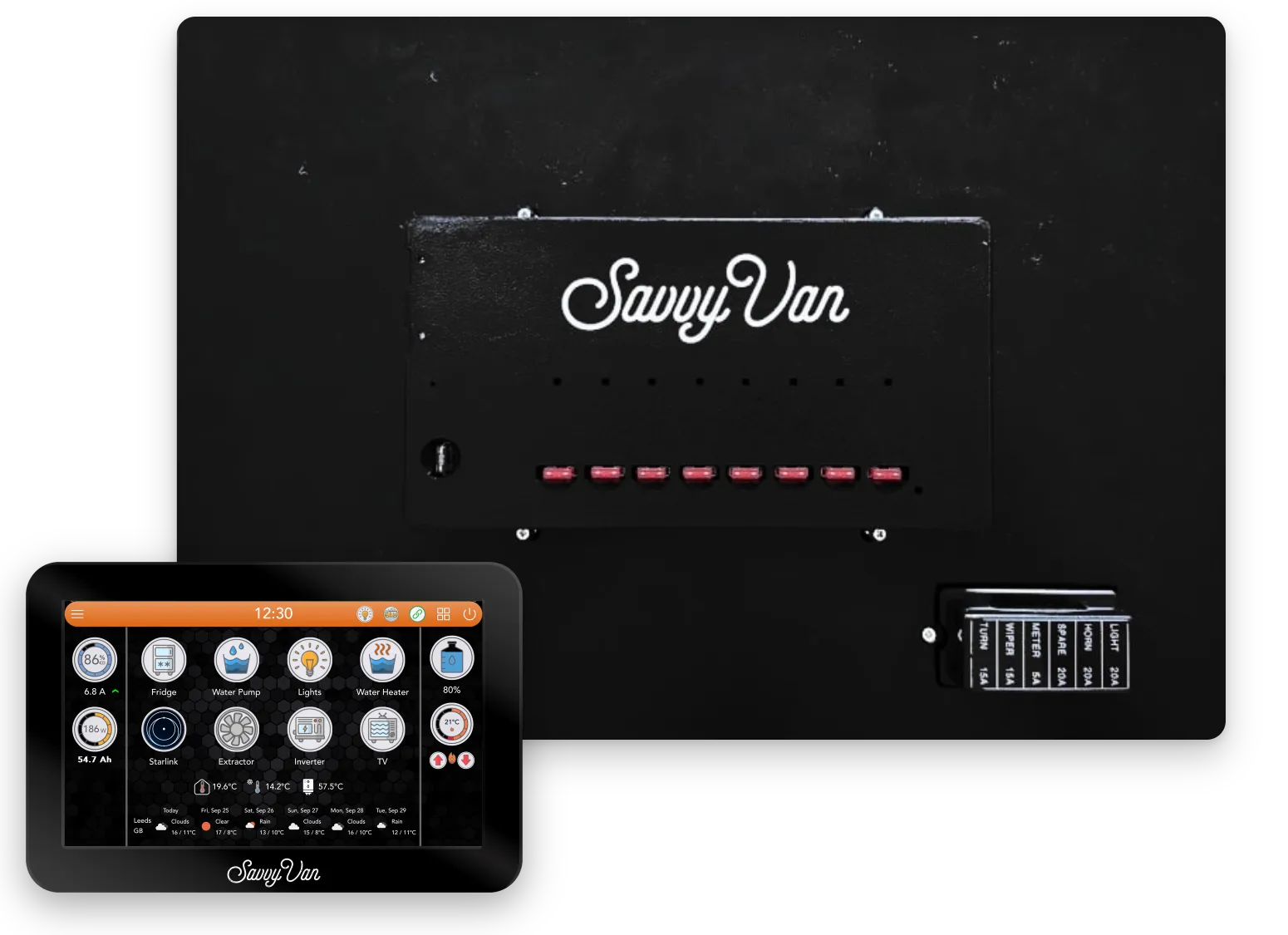 SavvyCore from above - a black aluminium box with the SavvyVan fuse panel, eight red blade fuses and a six-way fuse holder - with the 7-inch SavvyVan touch screen in front of it, showing the home screen with eight tiles.