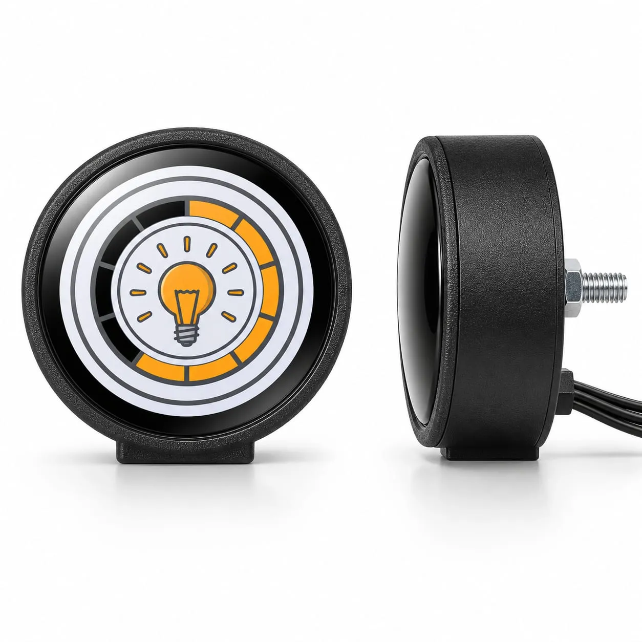 The fixed SavvyDot from the front and from the side: a round black case whose screen shows a light at full brightness, and on the back a threaded bolt and the lead for its USB-C feed