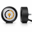 The fixed SavvyDot from the front and from the side: a round black case whose screen shows a light at full brightness, and on the back a threaded bolt and the lead for its USB-C feed