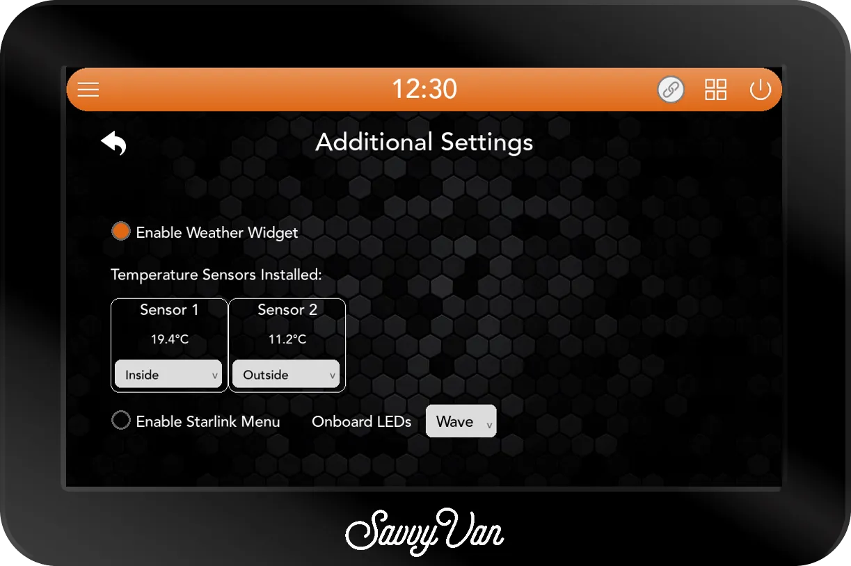 Additional Settings on a SavvyVan 3.1: Enable Weather Widget ticked, two temperature sensors reading 19.4°C set to Inside and 11.2°C set to Outside, Enable Starlink Menu unticked, and an Onboard LEDs dropdown set to Wave