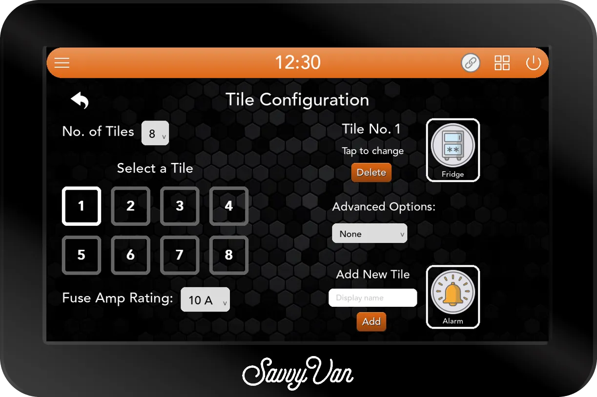 The SavvyVan 3.1 Tile Configuration page with tile 1, Fridge, selected, and under the tile grid a Fuse Amp Rating row set to 10 A
