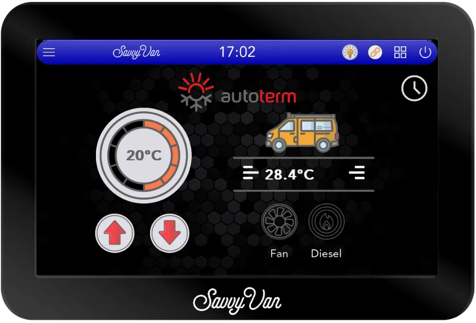 The SavvyVan3 Autoterm heating screen showing a 20°C target against 28.4°C actual, with fan and diesel indicators