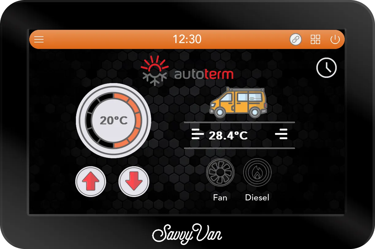 The SavvyVan3 Autoterm heating screen showing a 20°C target against 28.4°C actual, with fan and diesel indicators