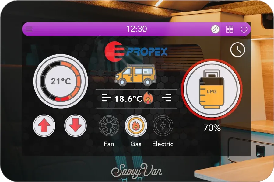 The Propex heater page through the mirror: set to 21°C and reading 18.6°C, running on gas, with the gas bottle at 70%