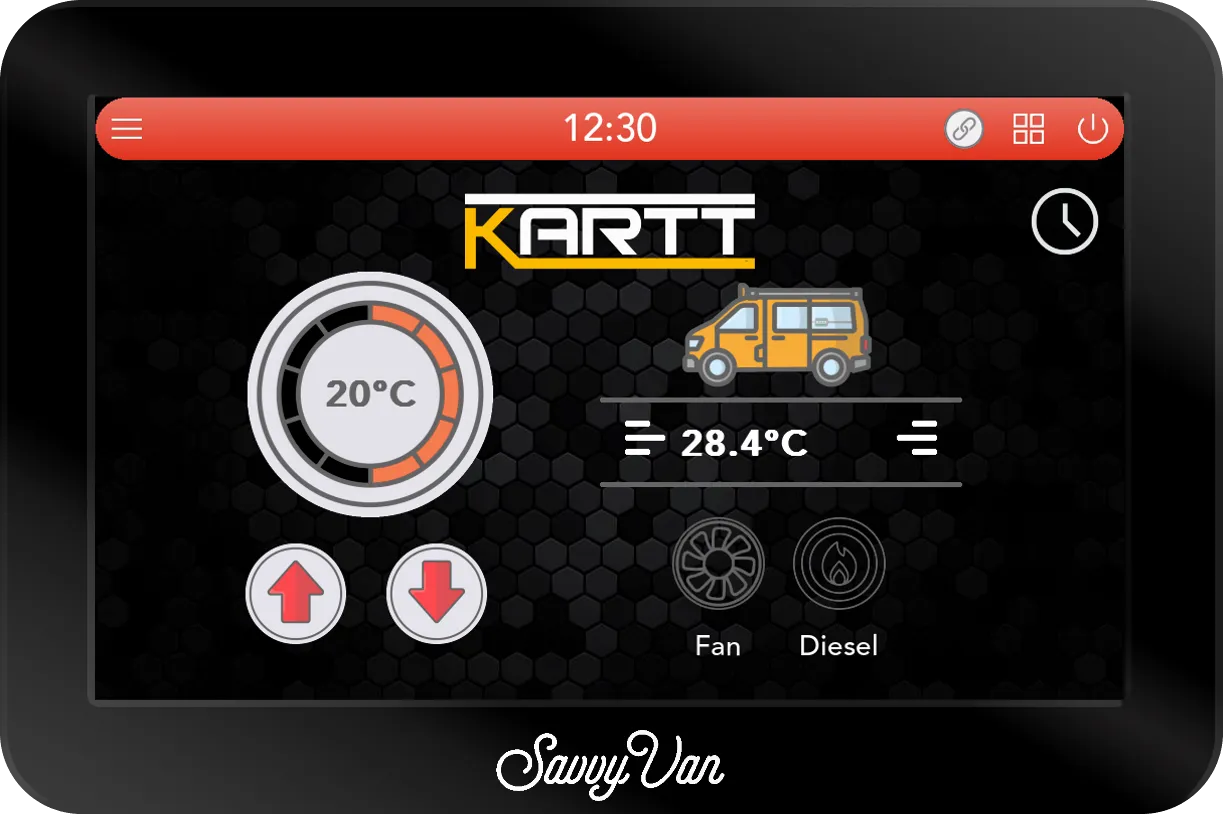 The SavvyVan3 heating page for a Kartt diesel heater: the Kartt logo, a 20°C target on a dial with up and down arrows, the van at 28.4°C, and Fan and Diesel buttons