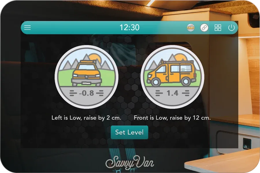 The levelling page through the mirror: left is low, raise by 2 cm, and front is low, raise by 12 cm, with a Set Level button