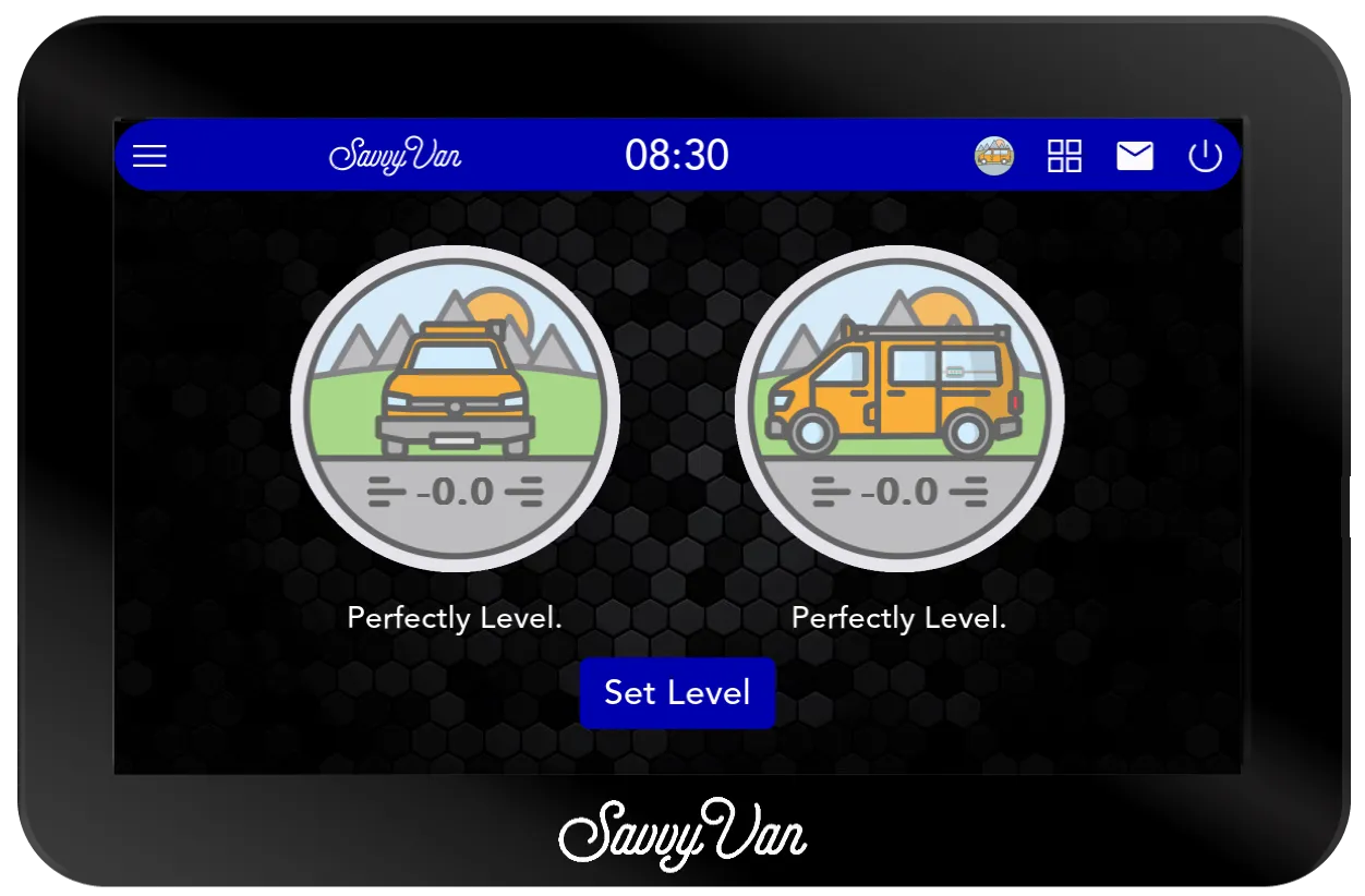 The SavvyVan3 levelling screen: the van drawn from the front and from the side, both reading -0.0 and "Perfectly Level.", with a Set Level button underneath