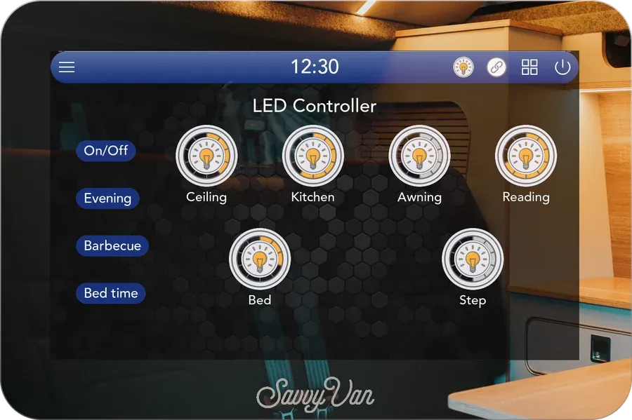 The LED Controller page through the mirror: six dimmable lights from Ceiling to Step, and four scenes - On/Off, Evening, Barbecue and Bed time