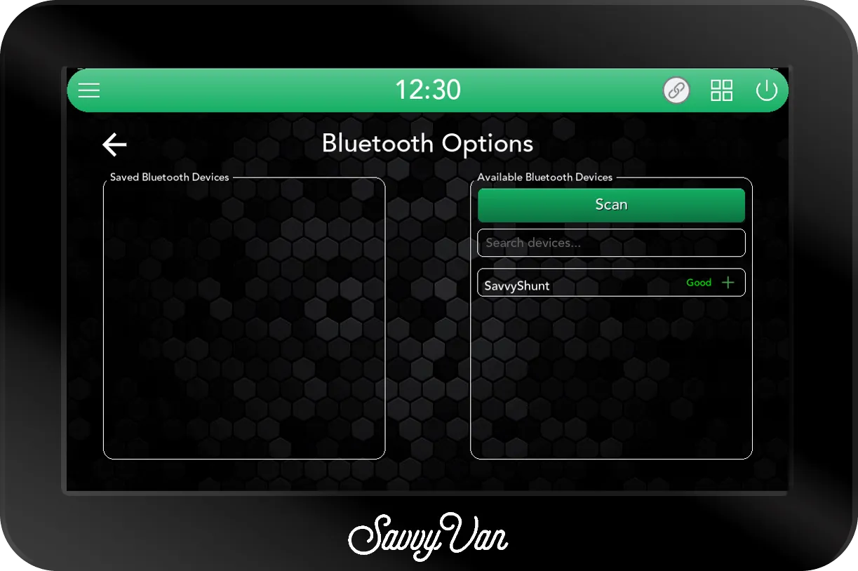 The SavvyVan3 device pairing screen as the installer sees it: an empty saved list on the left, and on the right a Scan button, a search box and SavvyShunt listed with a Good signal and a green +