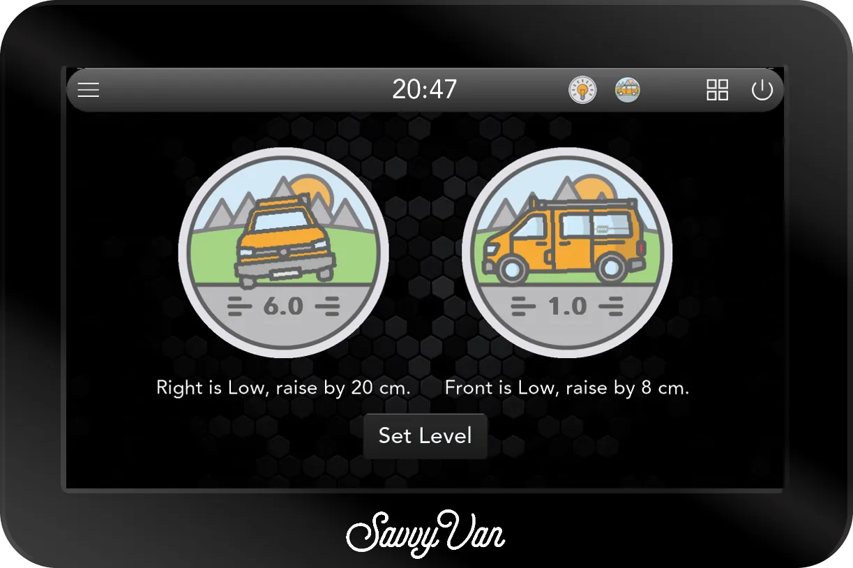 The SavvyVan3 levelling screen: a front view reading 6.0 with Right is Low, raise by 20 cm, and a side view reading 1.0 with Front is Low, raise by 8 cm, above a Set Level button