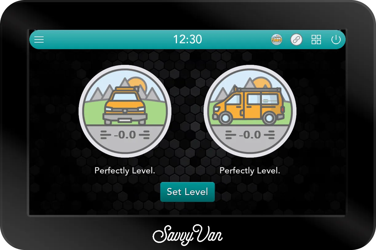 The SavvyVan3 levelling screen with a front view and a side view of a van, both reading -0.0 and marked Perfectly Level, a Set Level button below, and the levelling button in the top bar