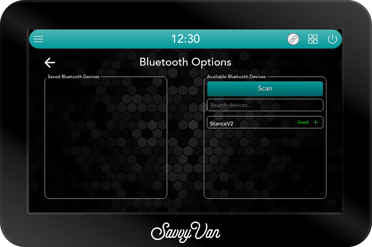 The SavvyVan3 device pairing screen with nothing saved yet on the left, and StanceV2 listed under available devices on the right with a Good signal and a green plus, below the Scan button and a search box