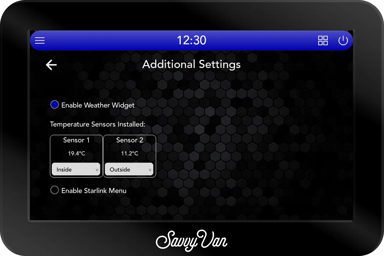 The SavvyVan3 Additional Settings page with Enable Weather Widget ticked, two temperature sensors reading 19.4°C set to Inside and 11.2°C set to Outside, and Enable Starlink Menu unticked