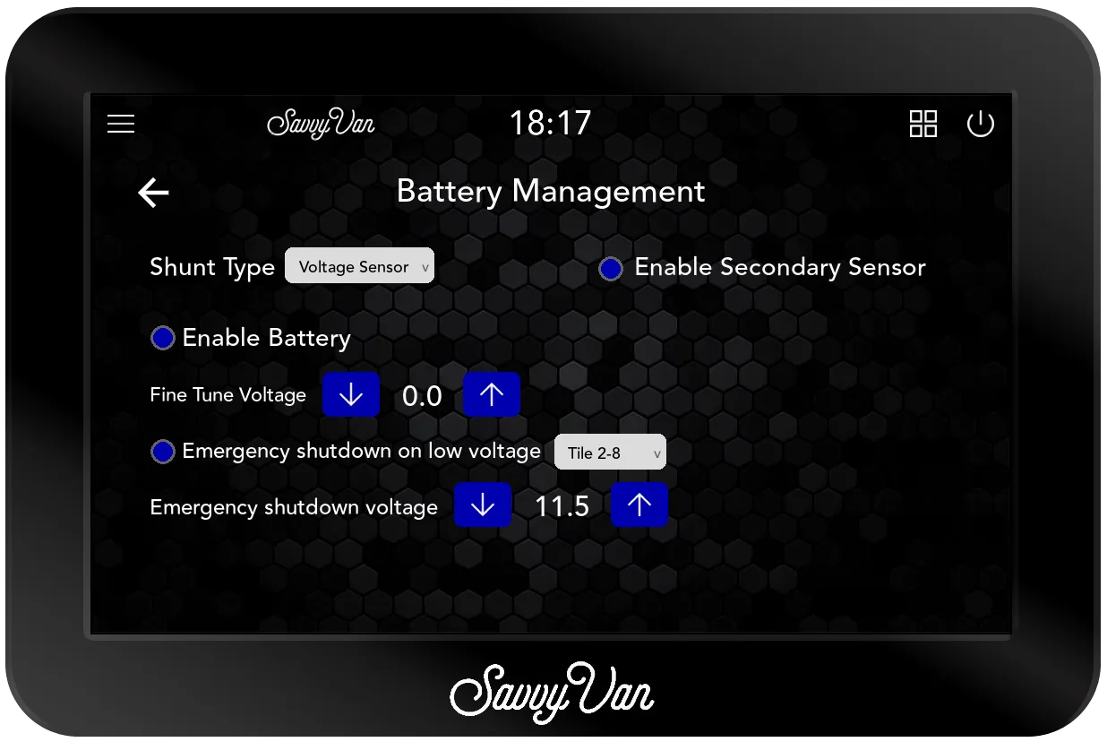 The SavvyVan3 Battery Management page set to Voltage Sensor, with Enable Secondary Sensor and Enable Battery ticked, Fine Tune Voltage at 0.0, Emergency shutdown on low voltage ticked and set to Tile 2-8, and an Emergency shutdown voltage of 11.5