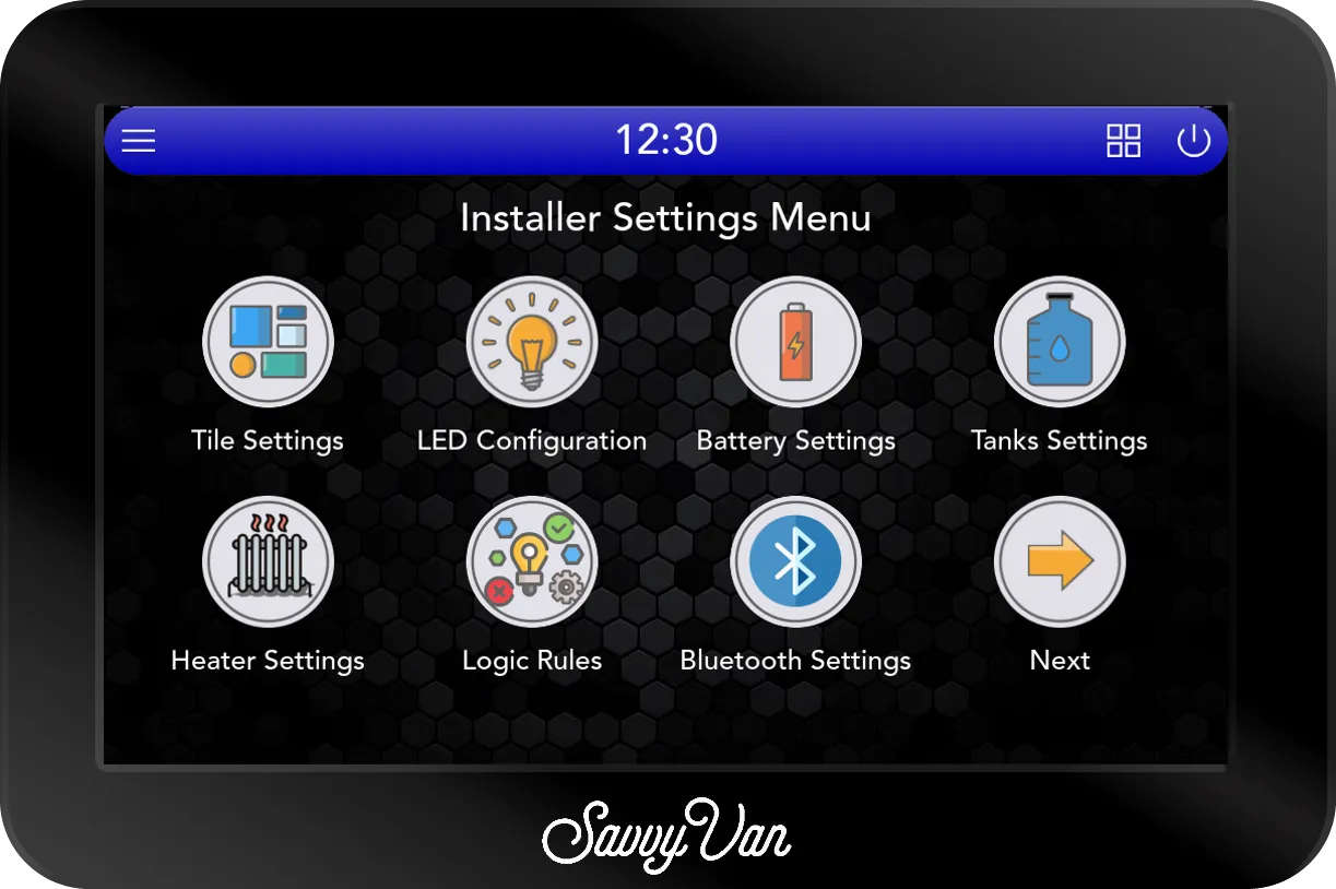 The first screen of the SavvyVan3 Installer Settings Menu, with icons for Tile Settings, LED Configuration, Battery Settings, Tanks Settings, Heater Settings, the device pairing page and a Next arrow