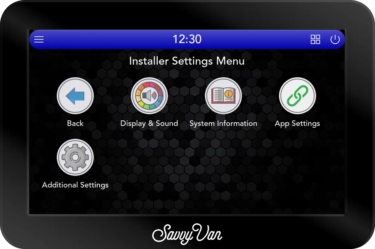 The second screen of the SavvyVan3 Installer Settings Menu, with a Back arrow and icons for Display & Sound, System Information, App Settings and Additional Settings