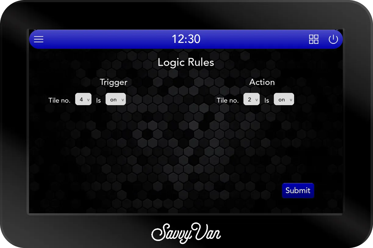 The SavvyVan3 new logic rule screen, with Trigger set to tile number 4 is on, Action set to tile number 2 is on, and a Submit button