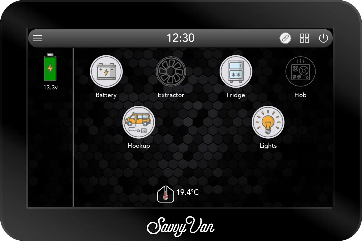 The SavvyVan3 main screen, with the battery at 13.3 volts on the left, tiles for battery, extractor, fridge, hob, hookup and lights, and the inside temperature along the bottom