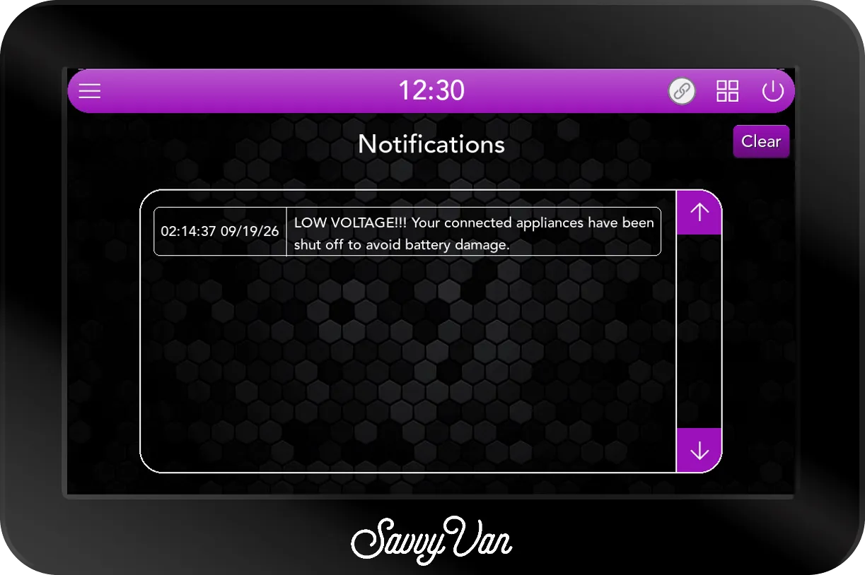The SavvyVan3 Notifications page with one entry, timed 02:14:37, reading LOW VOLTAGE!!! Your connected appliances have been shut off to avoid battery damage, and a Clear button top right