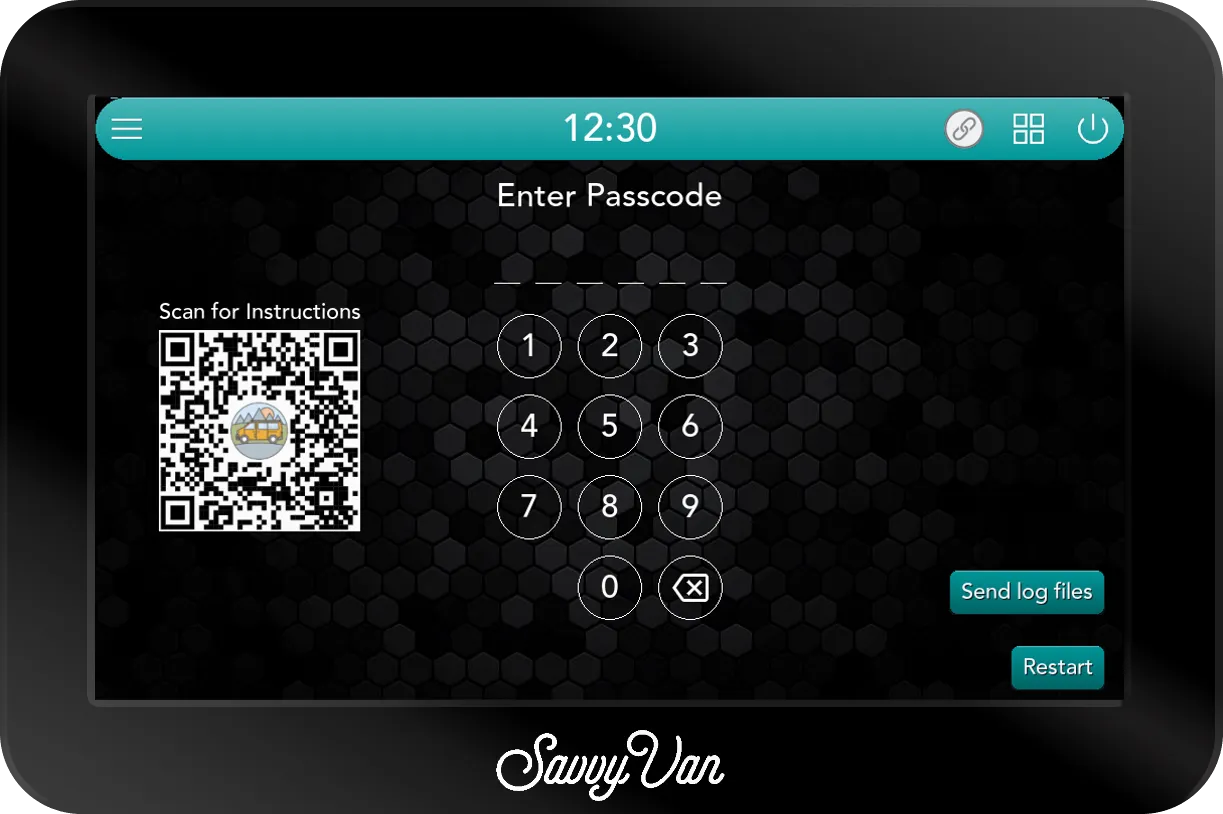 The SavvyVan3 Enter Passcode screen: a numeric keypad, a QR code to scan for instructions on the left, and Send log files and Restart buttons on the right