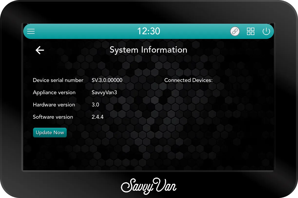 The SavvyVan3 System Information screen showing the device serial number, appliance version SavvyVan3, hardware version 3.0 and software version 2.4.4, with an Update Now button