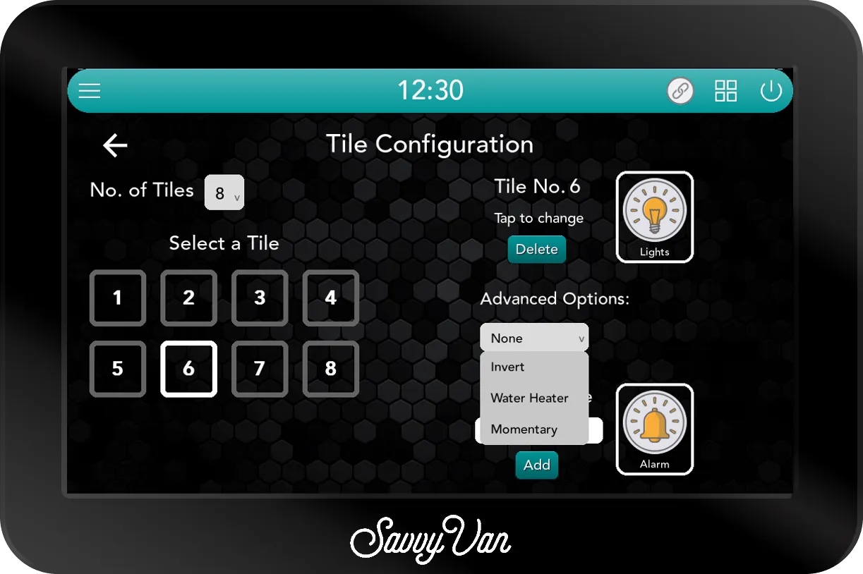 The SavvyVan3 Tile Configuration screen with the Advanced Options dropdown open under tile 6, offering None, Invert, Water Heater and Momentary