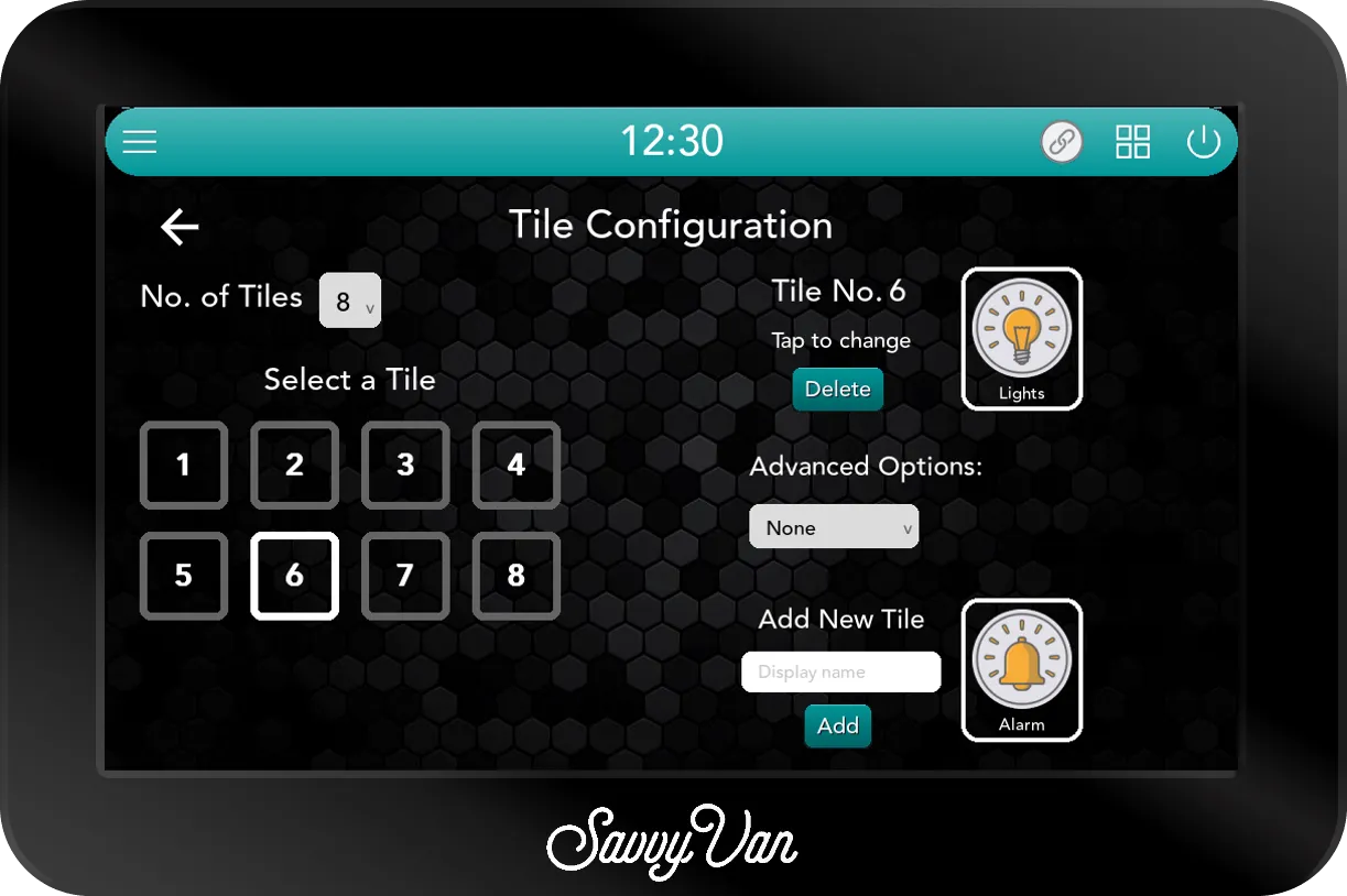 The SavvyVan3 Tile Configuration screen with No. of Tiles set to 8, tile 6 selected and showing the Lights icon, Advanced Options on None, and the Add New Tile box beneath