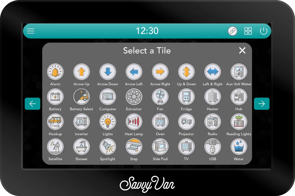 The SavvyVan3 Select a Tile icon picker: a page of 32 labelled icons from Alarm and Arrow Up to TV, USB and Water, with arrows either side to page through