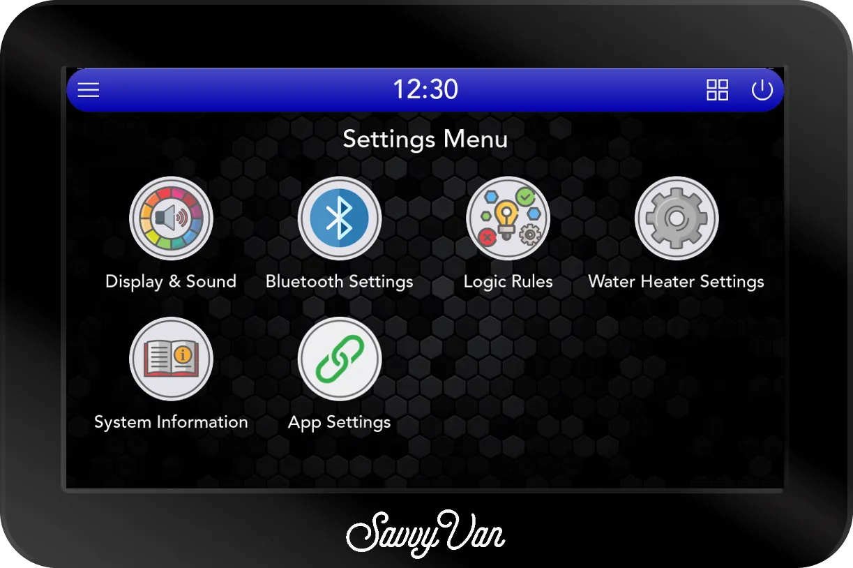The SavvyVan3 Settings Menu with six icons: Display & Sound, the paired devices page, Logic Rules, Water Heater Settings, System Information and App Settings