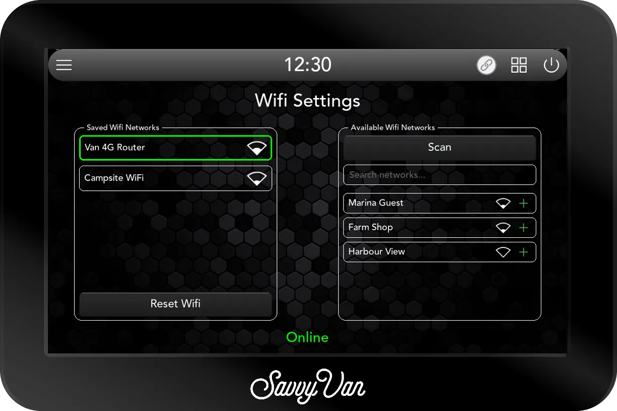 The SavvyVan3 Wifi Settings page: saved networks on the left with the connected one outlined in green and a Reset Wifi button beneath, available networks on the right under a Scan button and a search box, and Online in green at the foot