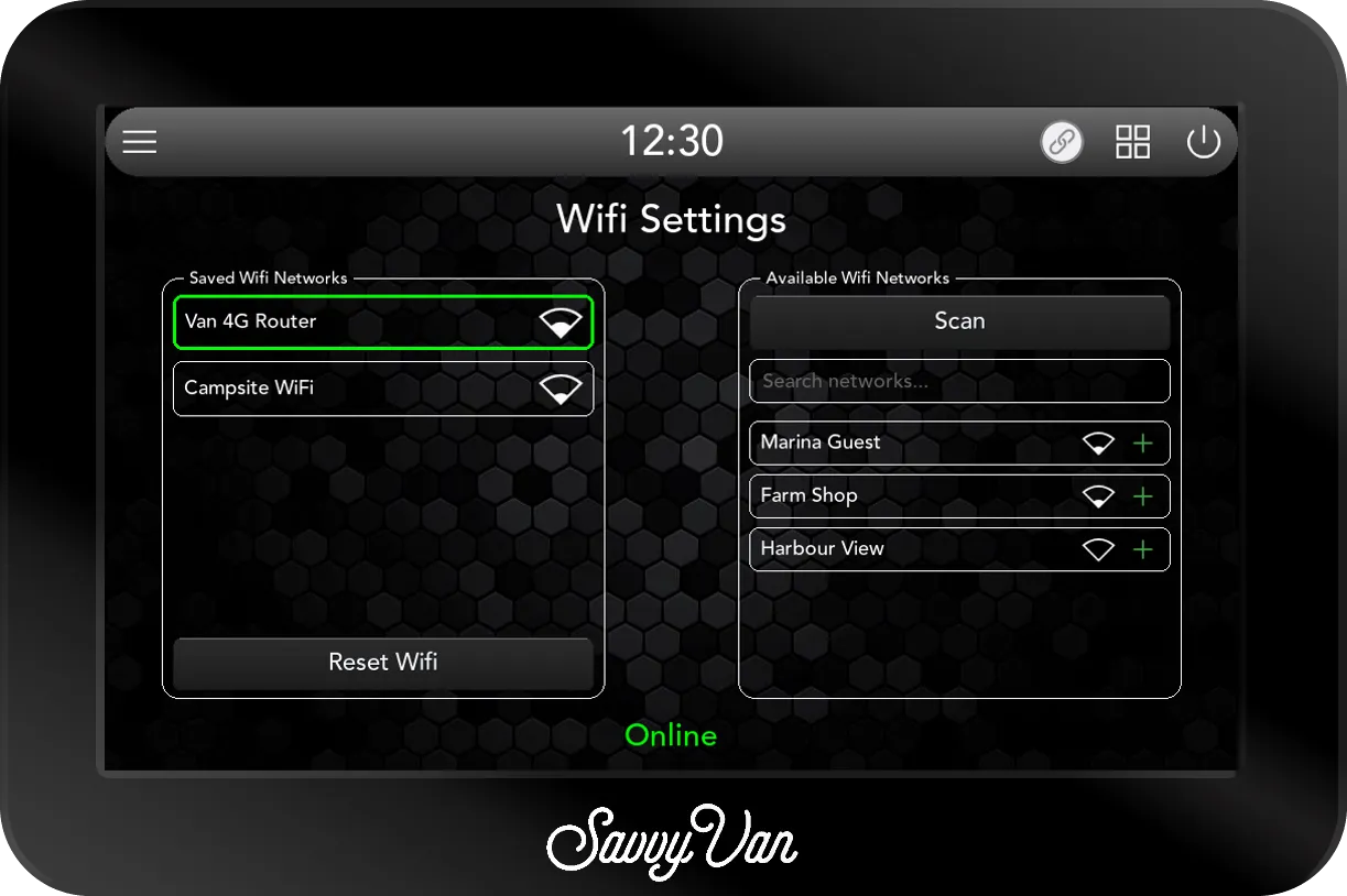 The SavvyVan3 Wifi Settings page: saved networks on the left with the connected one outlined in green and a Reset Wifi button beneath, available networks on the right under a Scan button and a search box, and Online in green at the foot