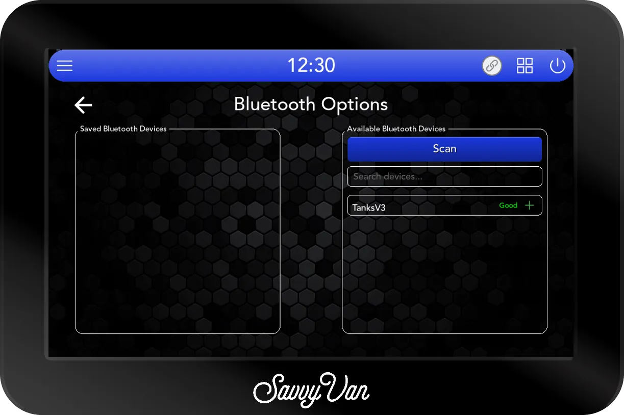 The SavvyVan3 device pairing screen: an empty saved list on the left, and on the right, under the Scan button and a search box, TanksV3 with a Good signal rating and a green + beside it