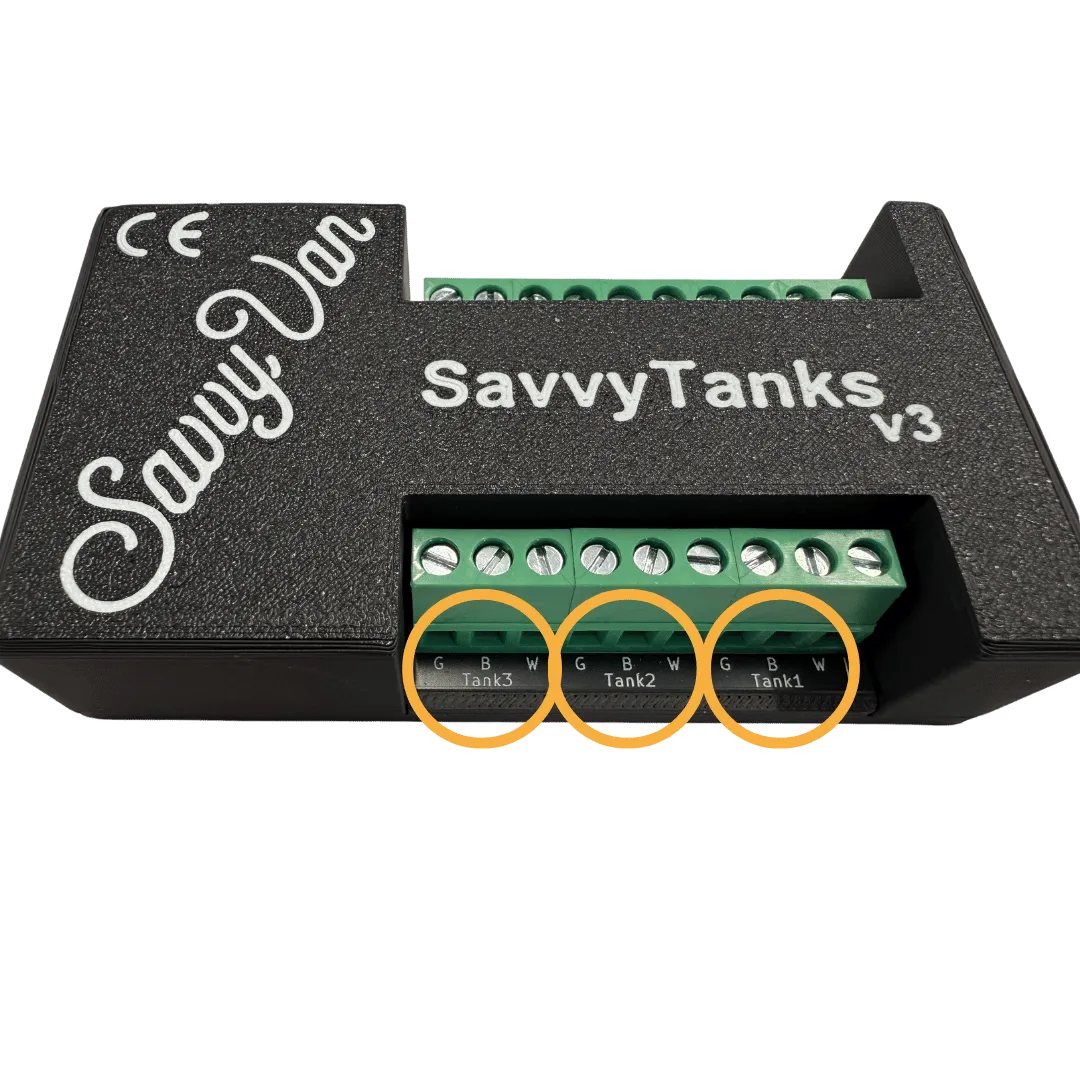 The SavvyTanks V3 module with probe wires landed in the tank terminal blocks