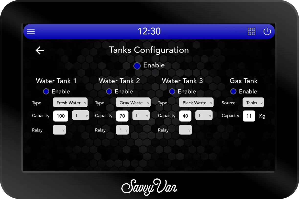 The SavvyVan3 Tanks Configuration screen with SavvyTanks enabled: Water Tanks 1 to 3 set to Fresh Water 100 L, Gray Waste 70 L on relay 1 and Black Waste 40 L, and a Gas Tank with its source set to Tanks, 11 Kg and no relay