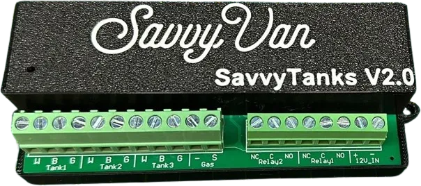 The SavvyTanks V2.0 module, a black box with two rows of green screw terminals along the front edge